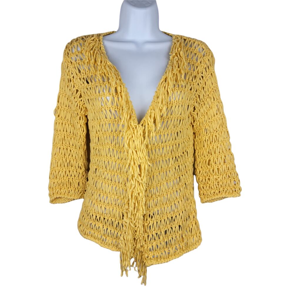 Project Hand Knit Yellow Crochet Fringed Open Cardigan - Size S